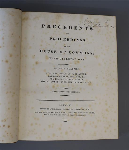 Hatsell, John - Precedents of Proceedings in the House of Commons, 4 vols, qto, contemporary calf, spotting to fly leaves and early lea